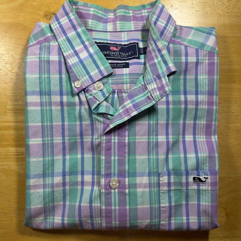 Vineyard Vines Plaid Whale Shirt Short Sleeve Button Down Green Purple Coastal L